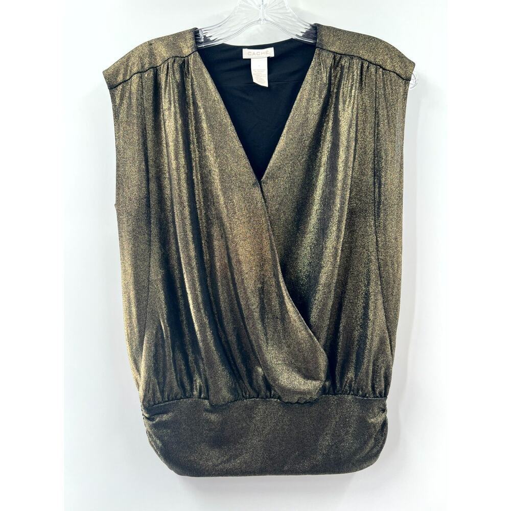 Cache Women's Gold Black Solid Wrap V-Neck Sleeveless Blouse Tops Size Small